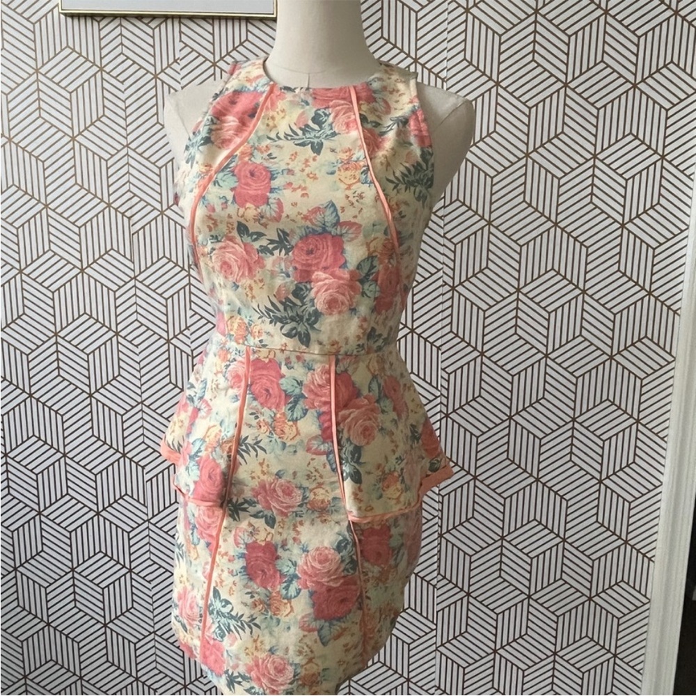 Mustard Seed Coral and Cream Floral Peplum Mini Dress